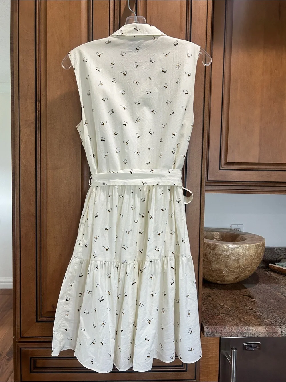 kate spade Cream Sleeveless Shirt Dress with Tie Waist and Micro Print